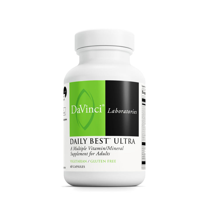 DAVINCI Labs Daily Best Ultra bottle cap closeup highlighting easy-to-swallow vegetarian capsules.