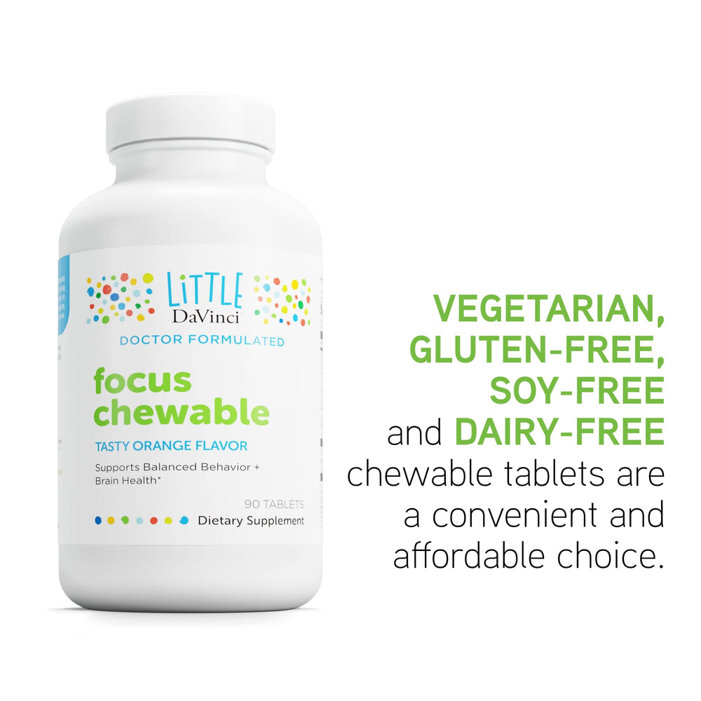 Back label on DAVINCI Focus chewable bottle highlights vitamin content.