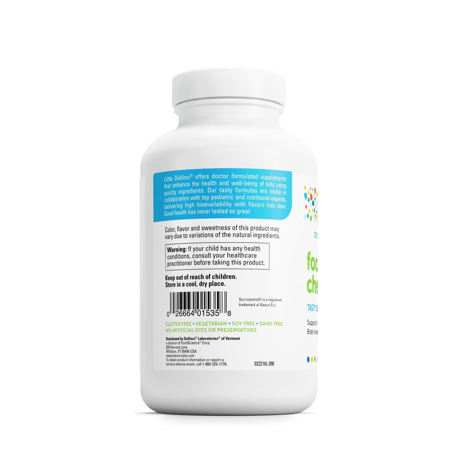 DAVINCI Focus chewable orange tablet designed for kids during homework and activities.