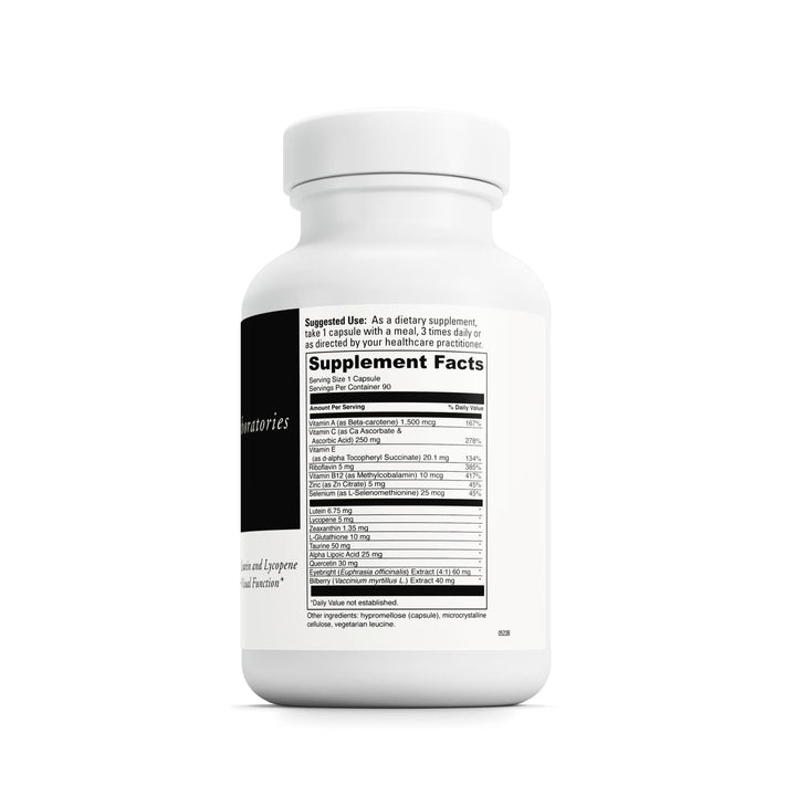 Close-up of the DAVINCI Labs Healthy Eyes label highlighting 16 nutrients for eye health support.
