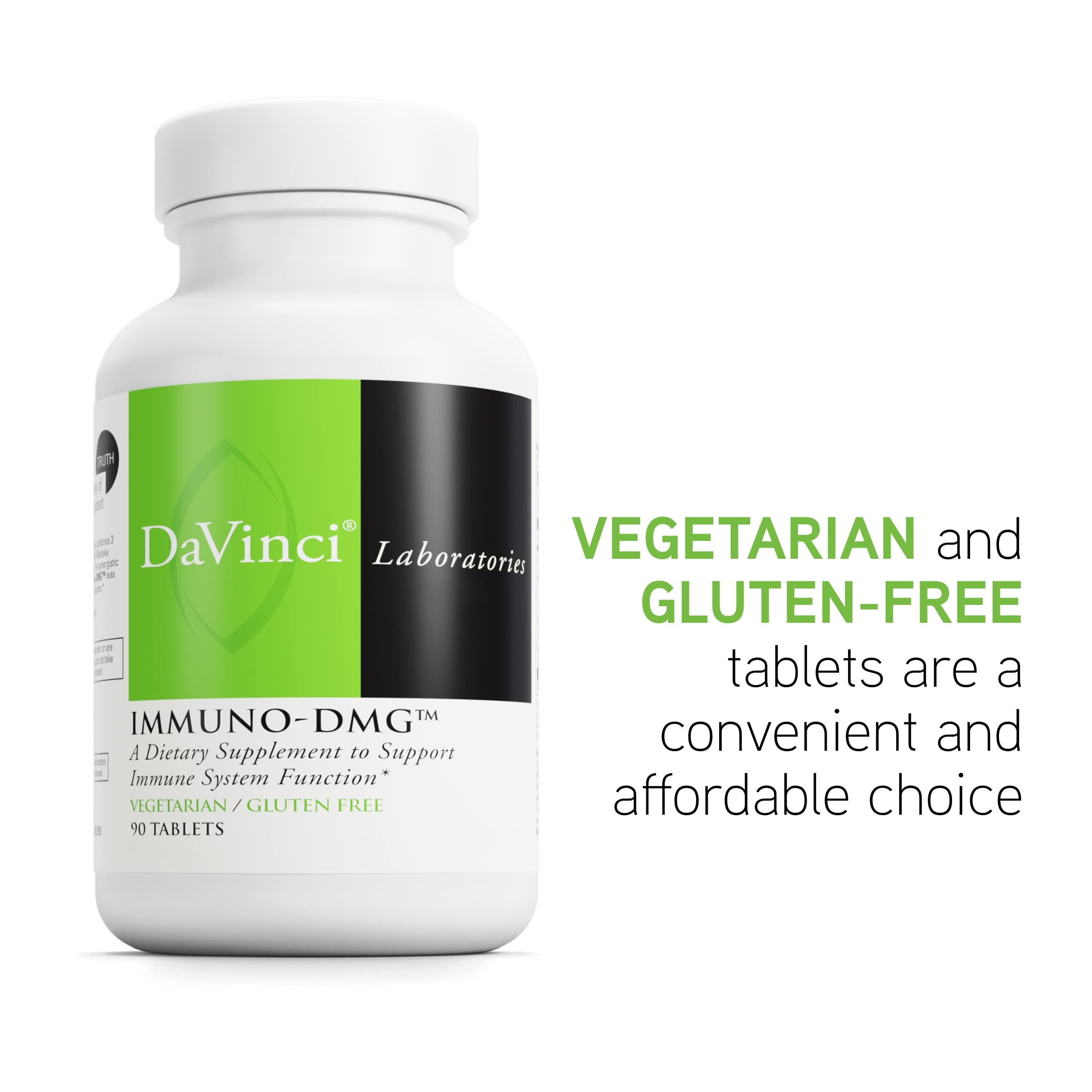 Label close-up of Immuno-DMG emphasizing enteric coating and vegetarian format.