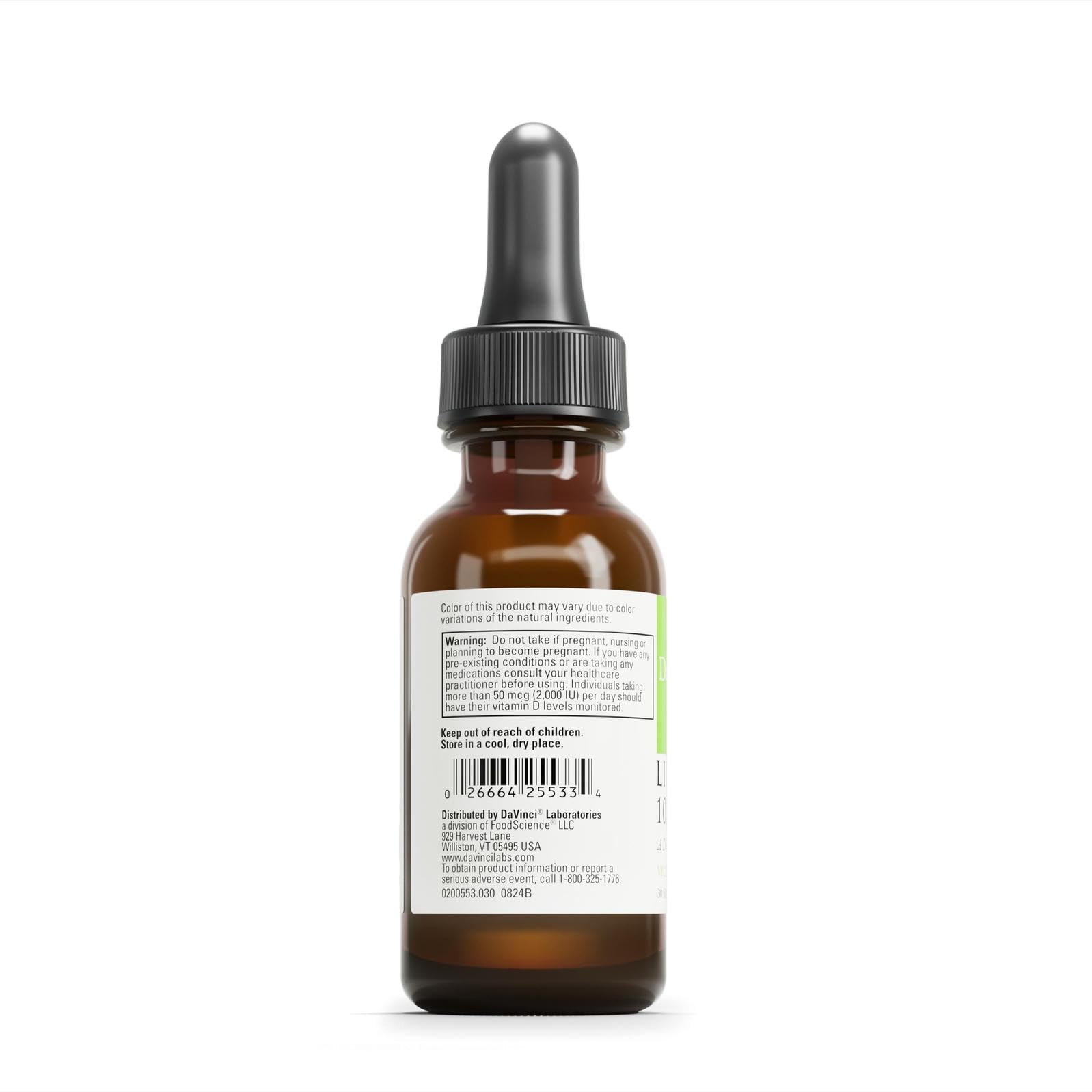 DAVINCI Liquid D3 bottle label shows gluten-free and vegetarian formulation