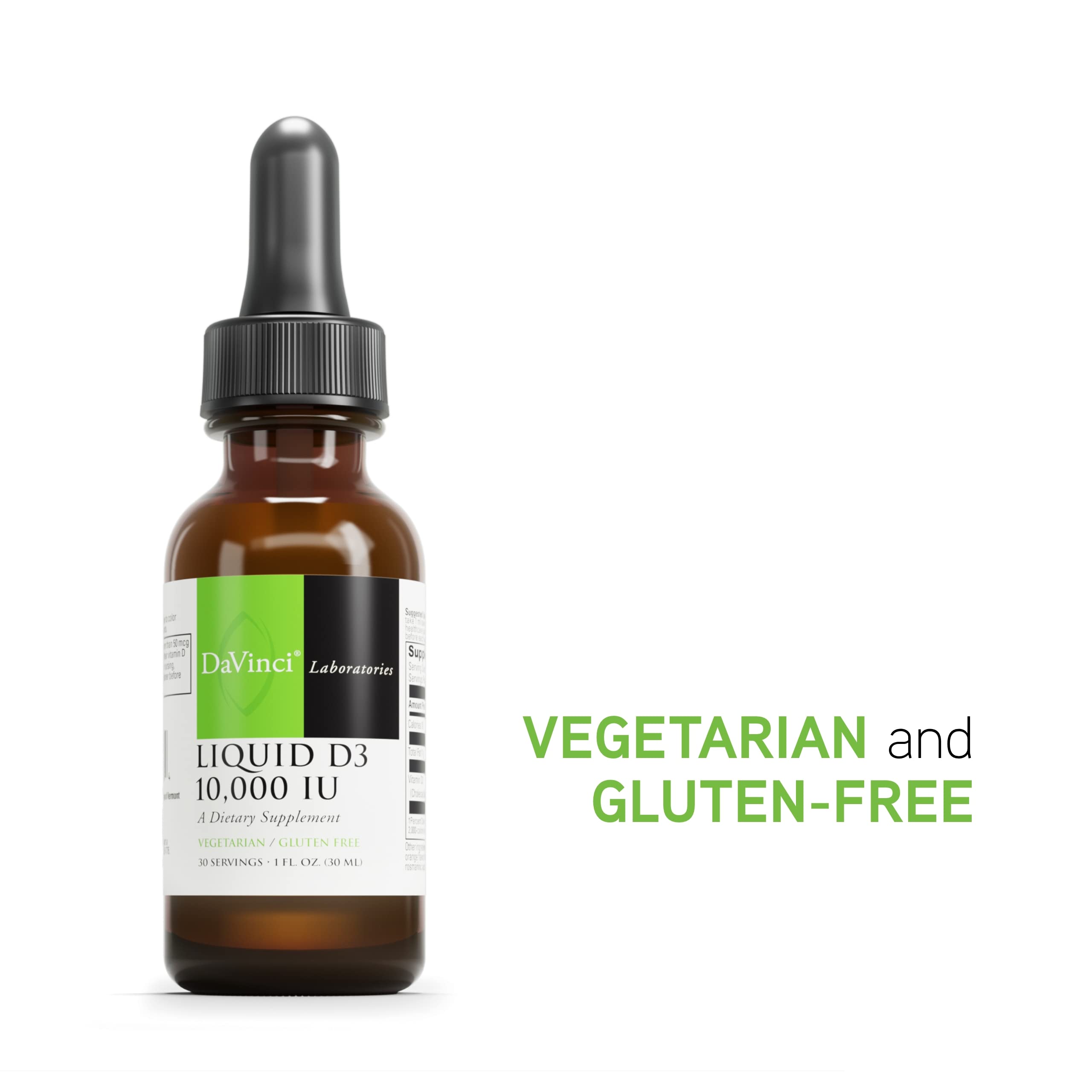 DAVINCI Liquid D3 nutrition facts panel highlights 10,000 IU