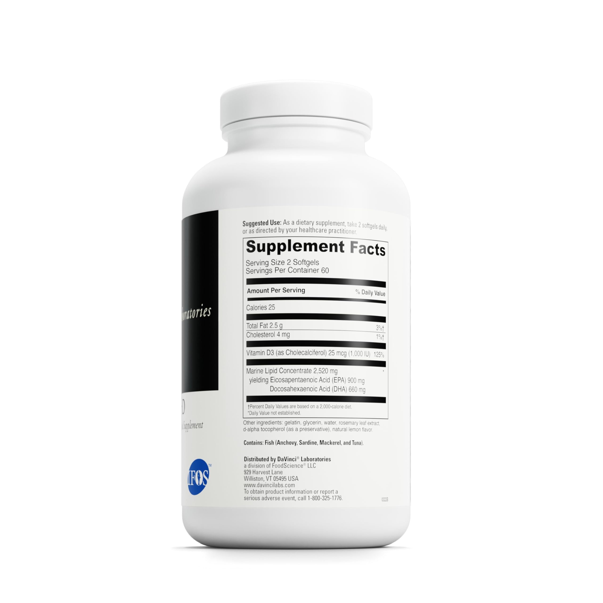 Closeup of DAVINCI Labs Omega-3 HP-D softgels with EPA and DHA for heart and skin health.
