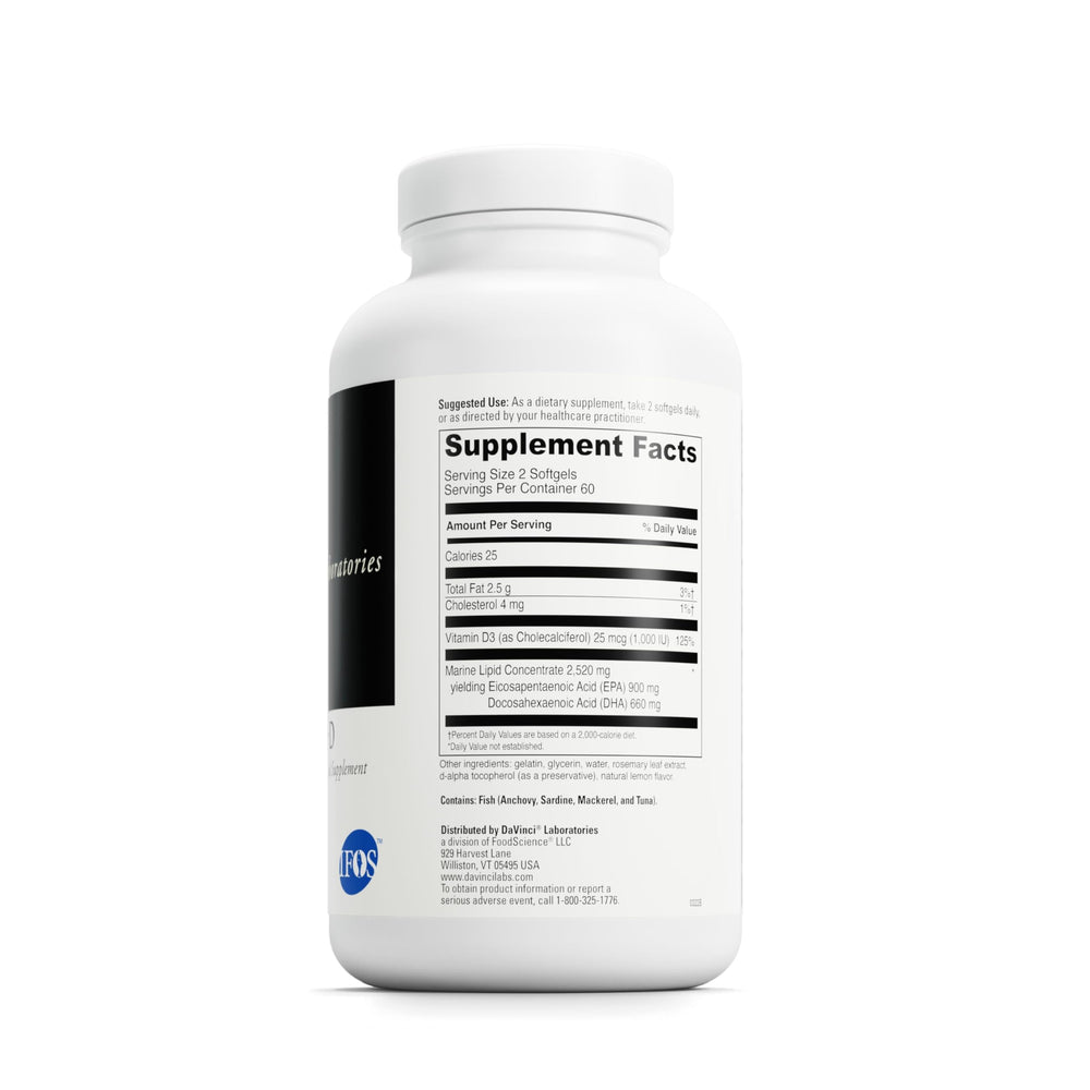 Closeup of DAVINCI Labs Omega-3 HP-D softgels with EPA and DHA for heart and skin health.