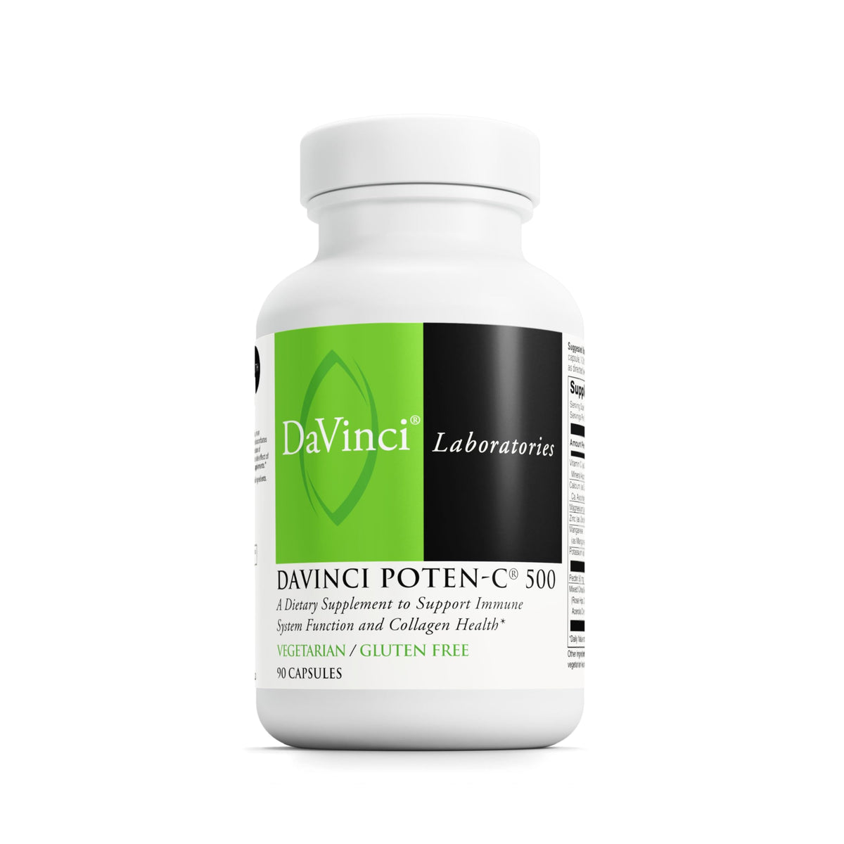 Davinci Labs Poten-C 500 bottle close-up highlights gentle ascorbate vitamin C for stomach comfort
