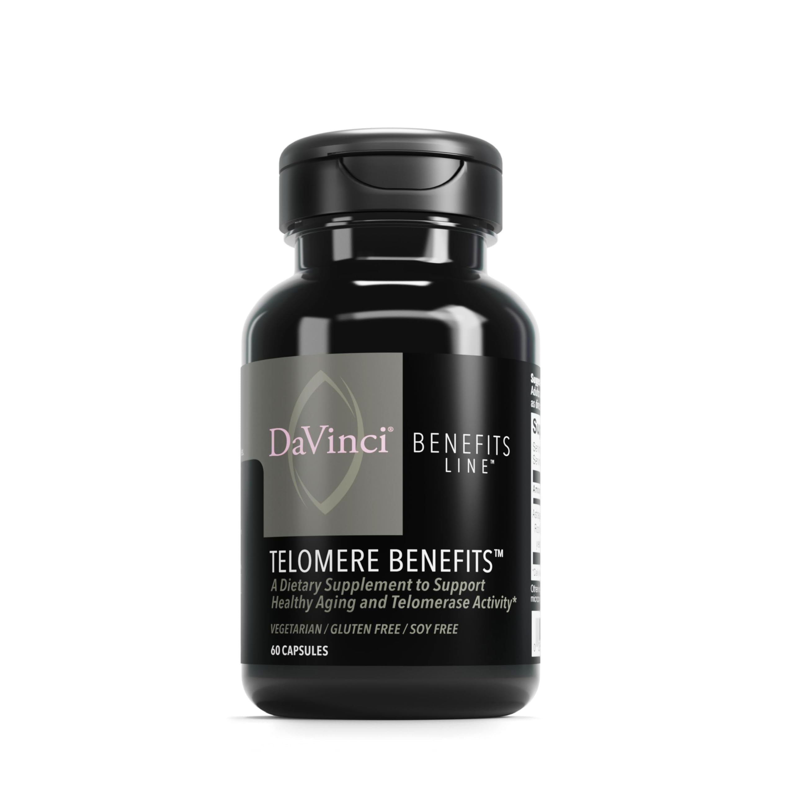 DAVINCI Labs Telomere Benefits bottle for healthy aging support.
