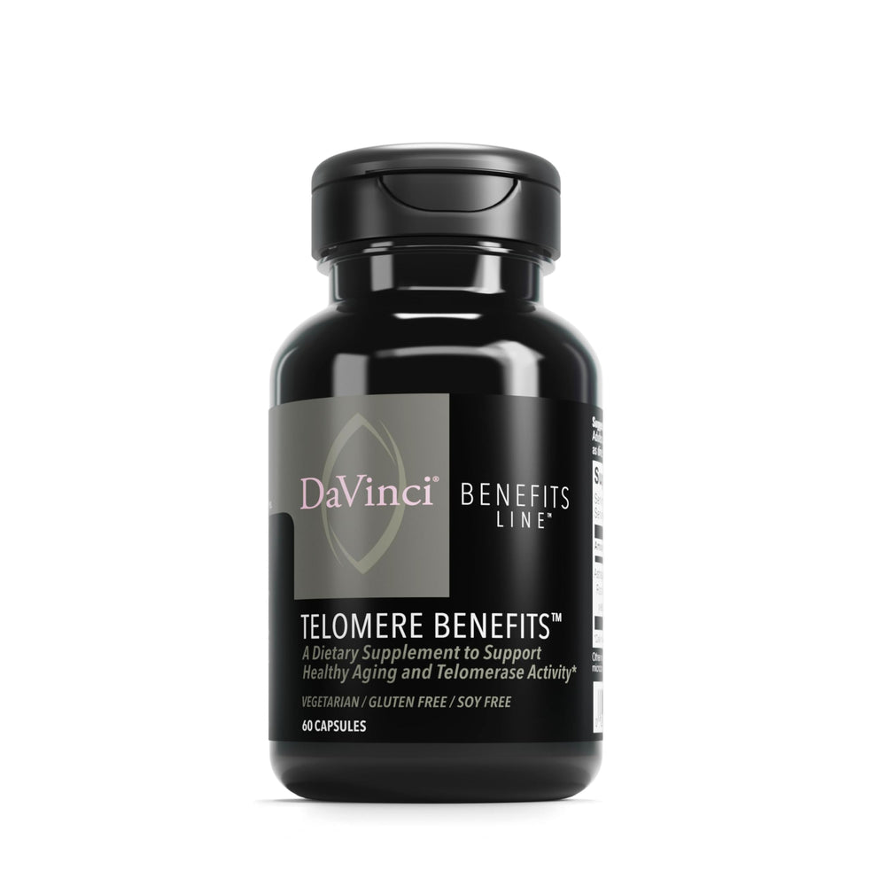DAVINCI Labs Telomere Benefits bottle for healthy aging support.