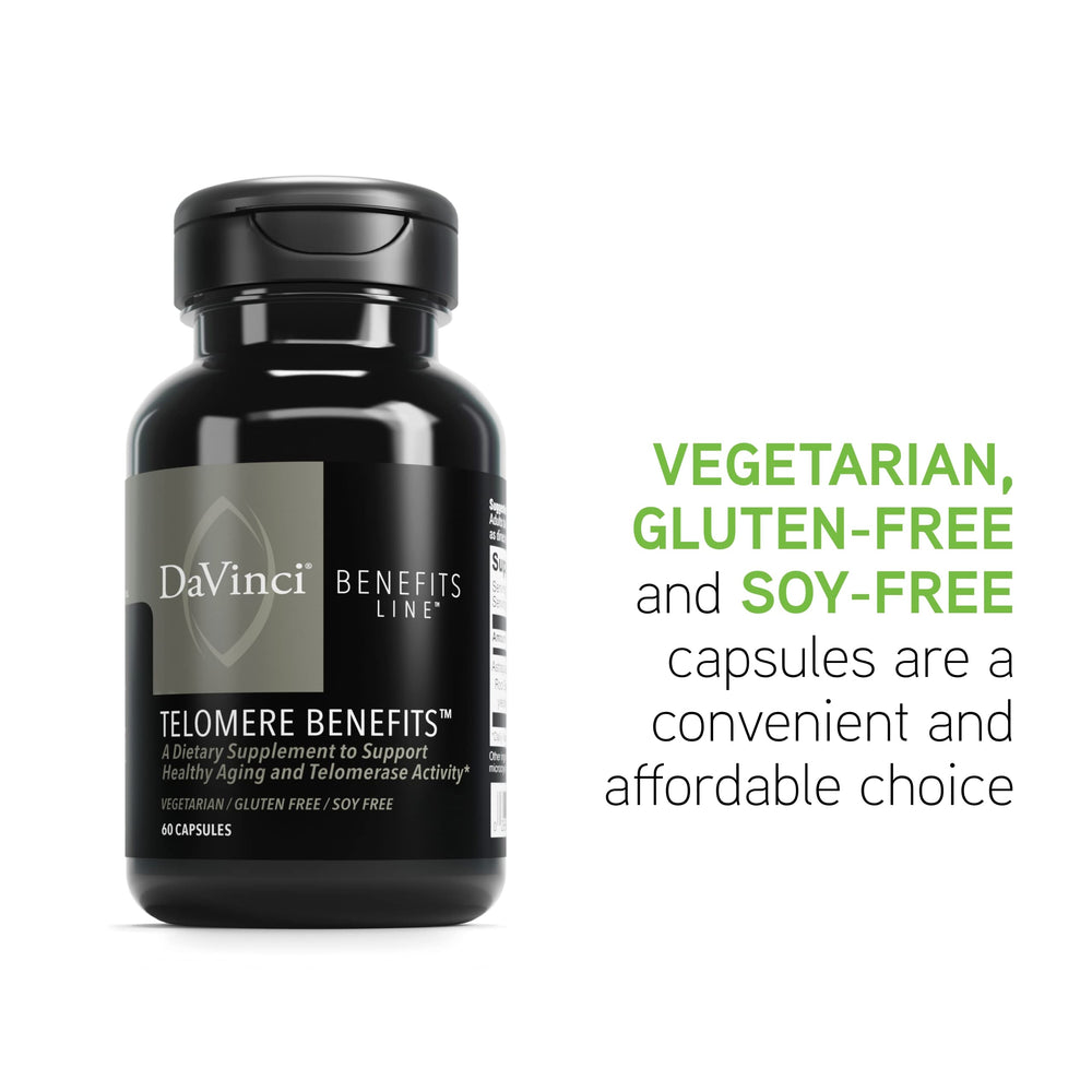 Graphic showing antioxidant support and memory focus with DAVINCI Telomere Benefits.