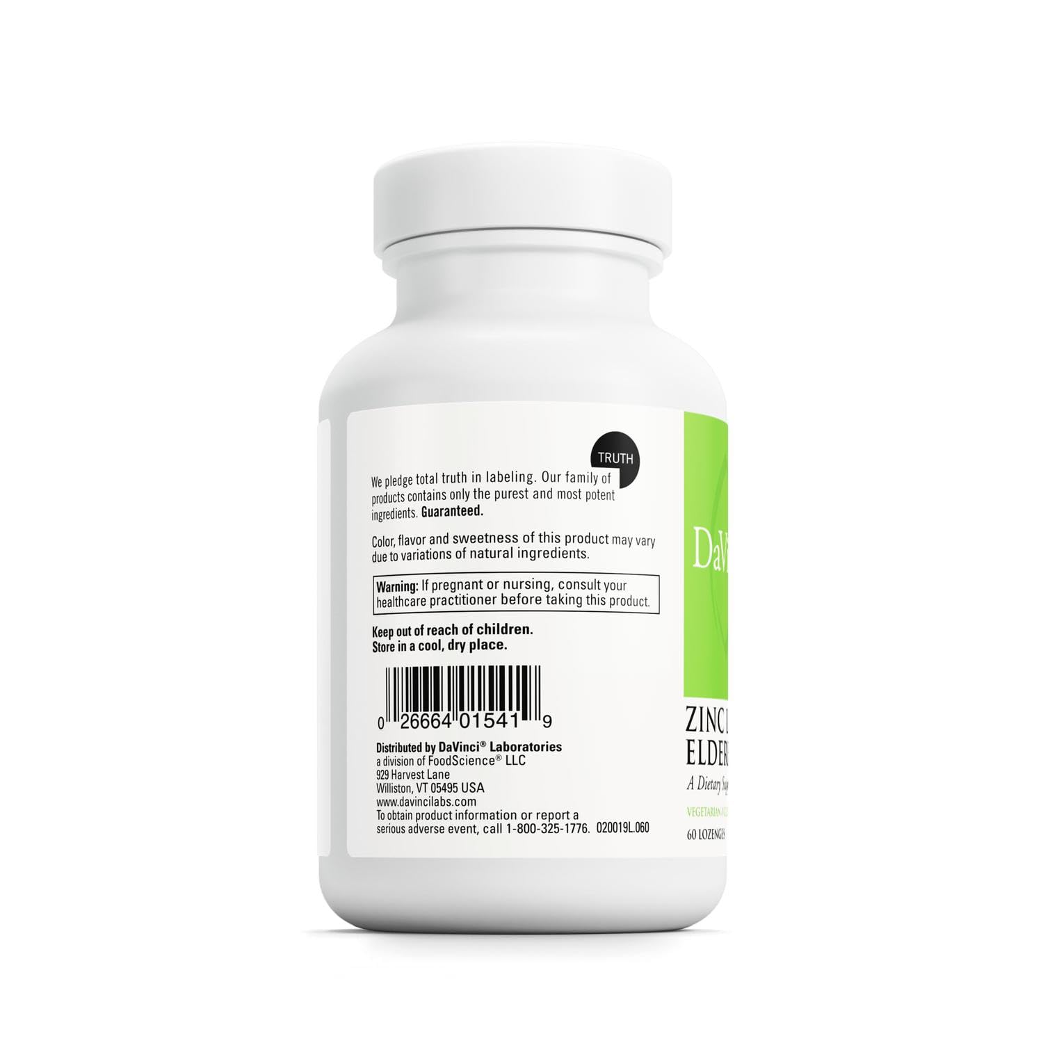 DAVINCI Zinc Lozenges Elderberry Lemon dissolving close-up suggesting throat comfort.