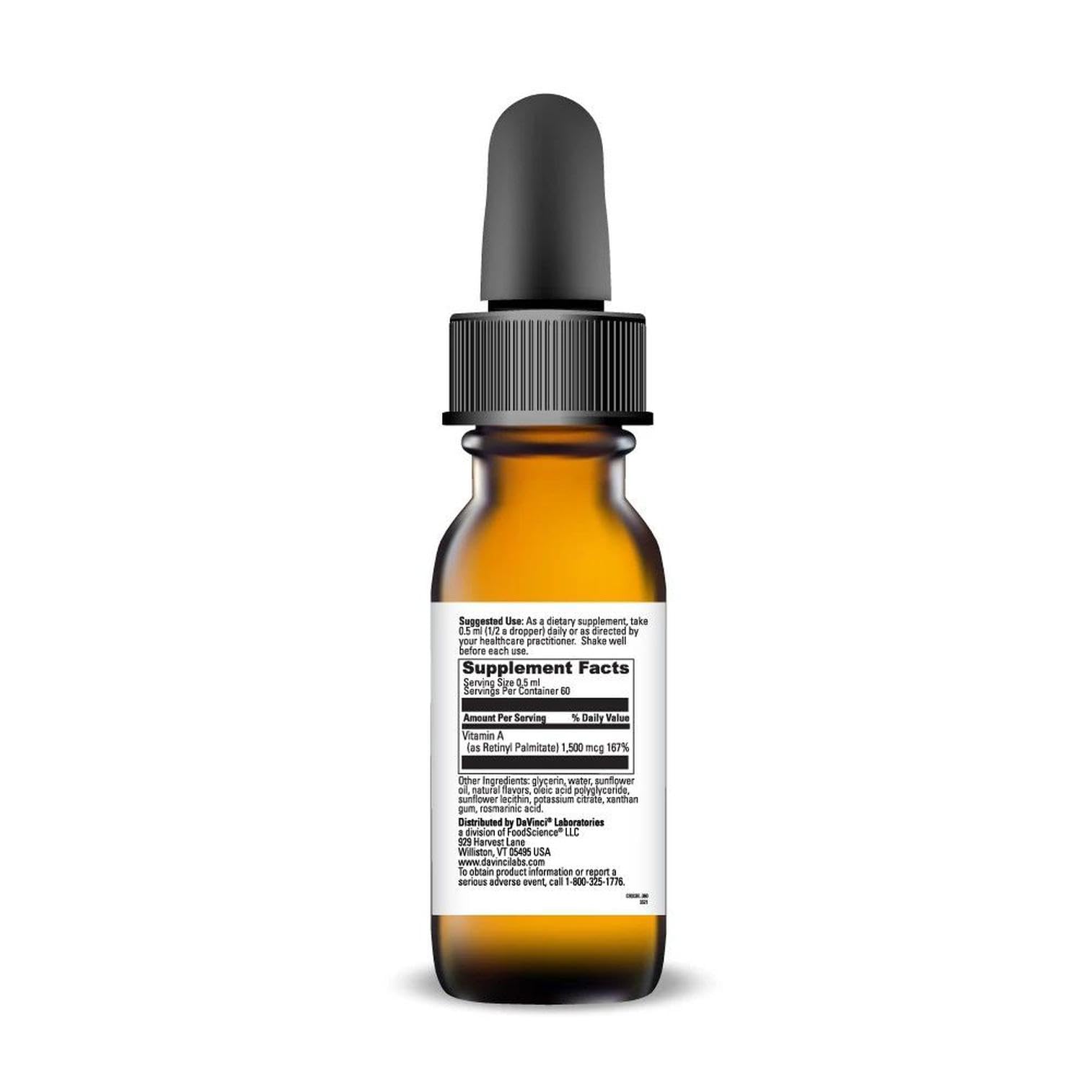 DAVINCI Liposomal A dropper dispensing liquid highlights convenient administration for skin and vision.