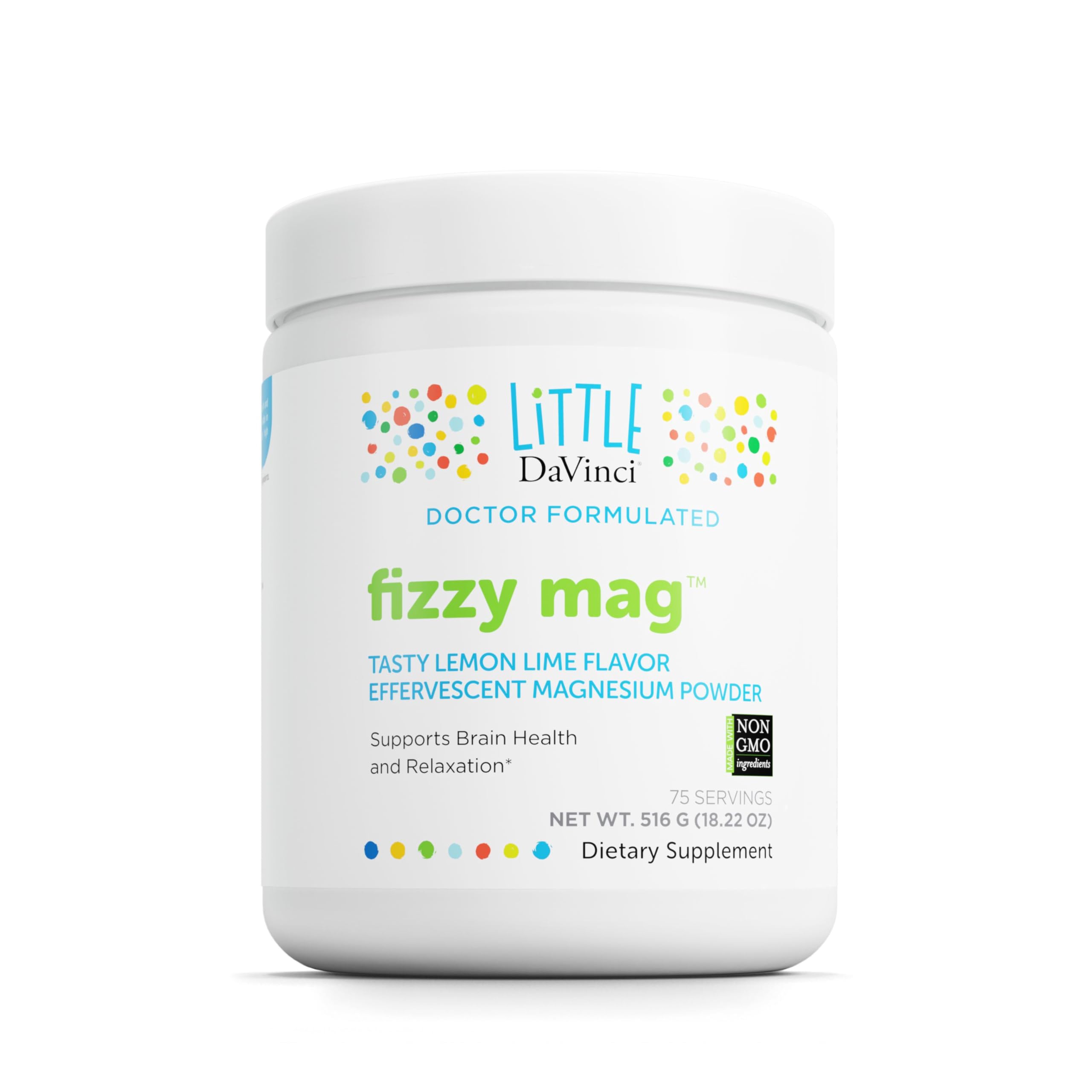 DAVINCI Little DaVinci Fizzy Mag bottle shows kid-friendly magnesium supplement for daily brain support.