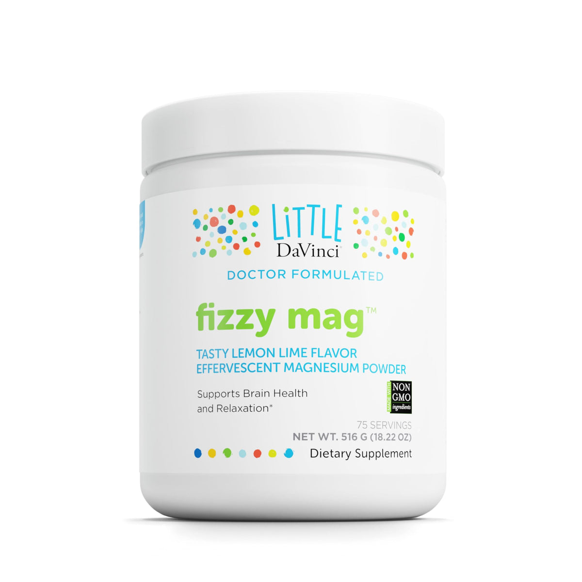 DAVINCI Little DaVinci Fizzy Mag bottle shows kid-friendly magnesium supplement for daily brain support.
