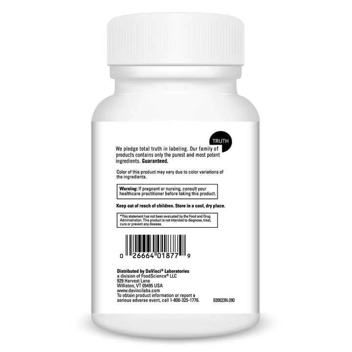 DaVinci Magnesium Glycinate bottle back view shows 90 capsules for daily nourishment.