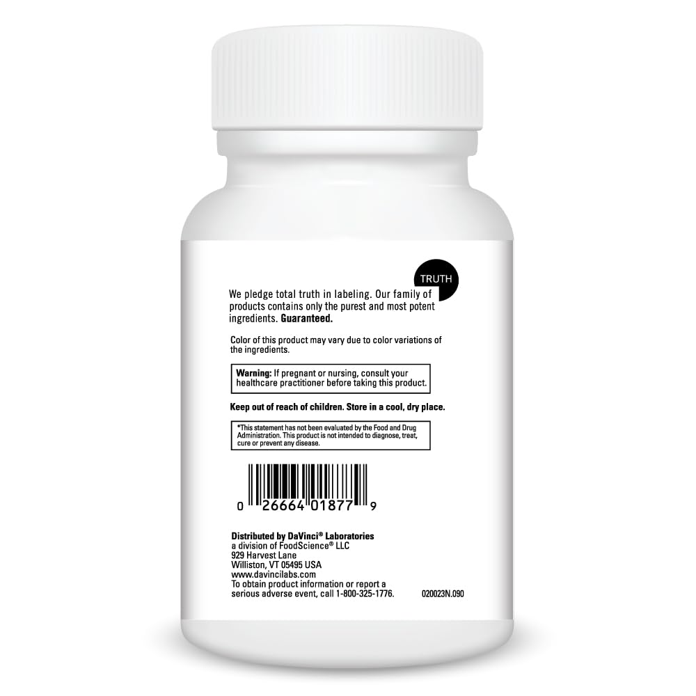 DaVinci Magnesium Glycinate bottle back view shows 90 capsules for daily nourishment.
