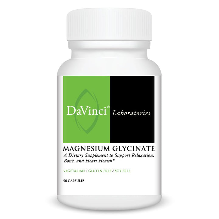DaVinci Magnesium Glycinate bottle front view highlighting stomach-friendly formula.