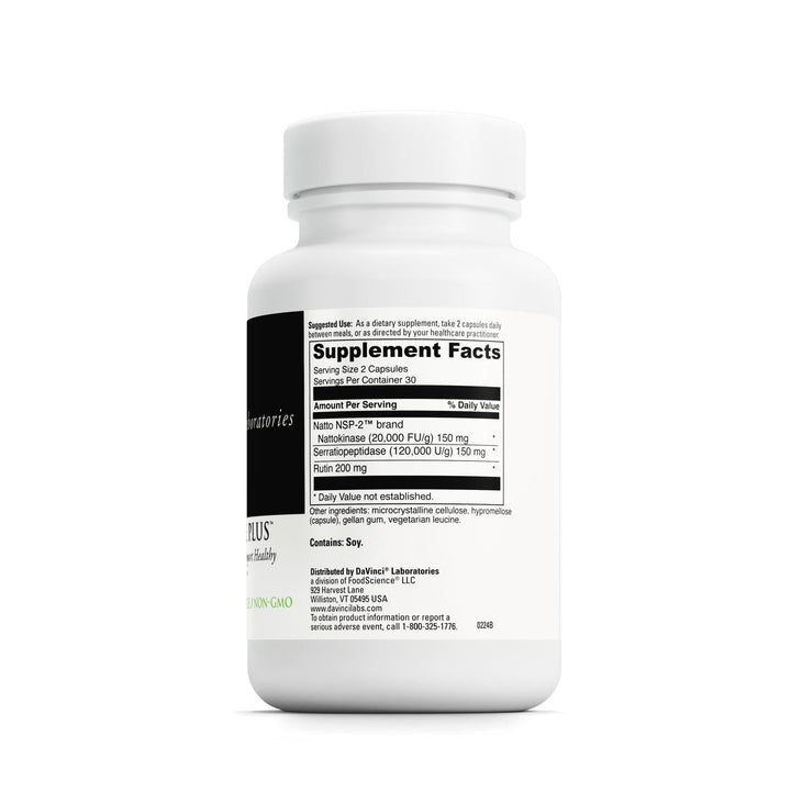 DAVINCI Nattokinase Plus label close-up showing 100 mg nattokinase and 20,000 FU