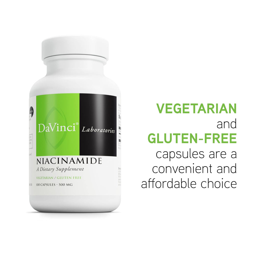 DAVINCI Niacinamide packaging with capsules beside a glass of water.