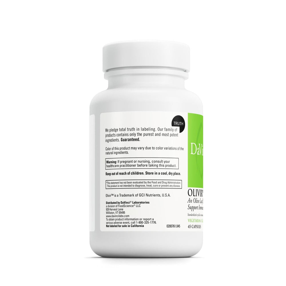DaVinci Olivir15 bottle back with supplement facts