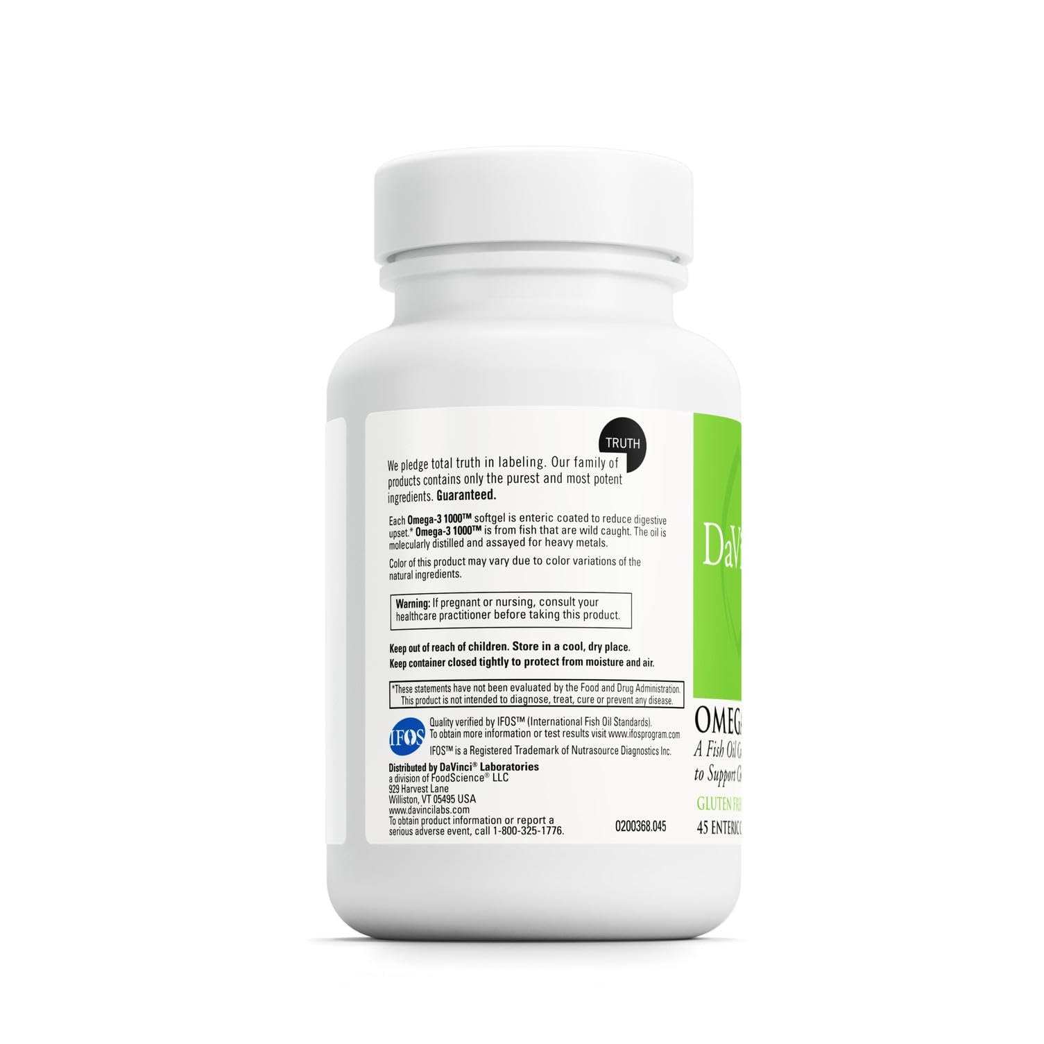 Enteric-coated DAVINCI Omega-3 1000 softgels for gentle digestion and delivery.