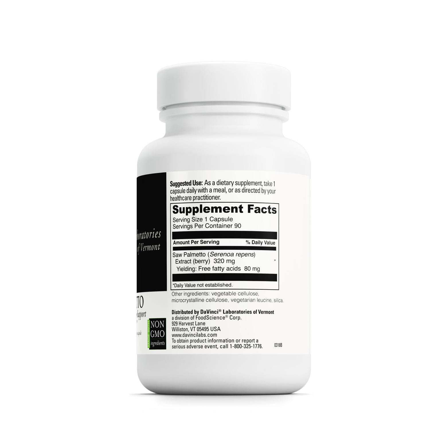 Close-up of DAVINCI Saw Palmetto capsules for easy daily use.