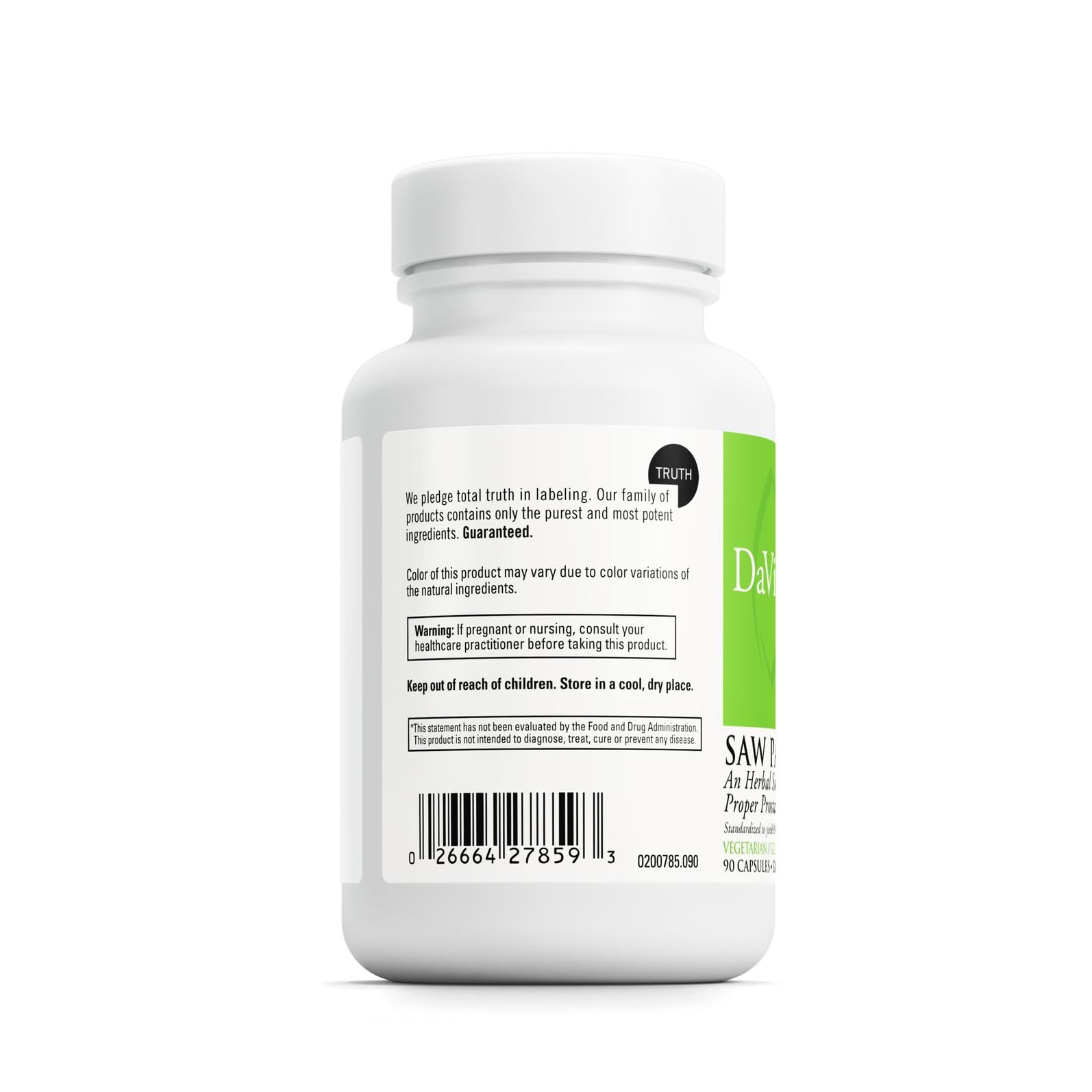 DAVINCI Saw Palmetto label highlighting gluten-free formula and vegetarian capsules.