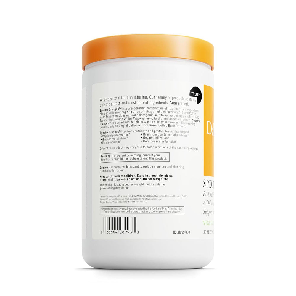DaVinci Spectra Orange ingredients label highlights DMG, taurine and green coffee bean.