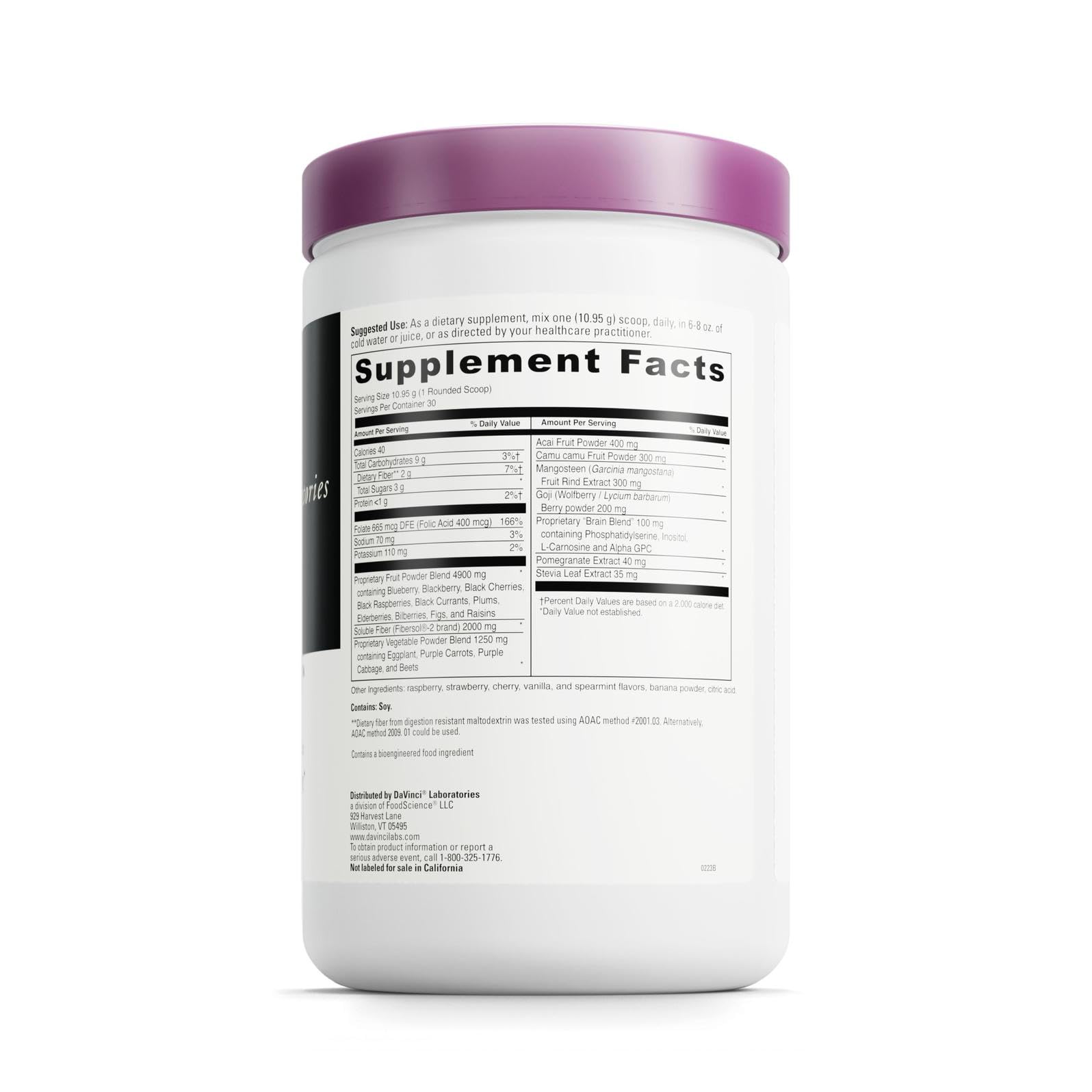 DAVINCI Spectra Purples label closeup shows antioxidants and clean ingredients