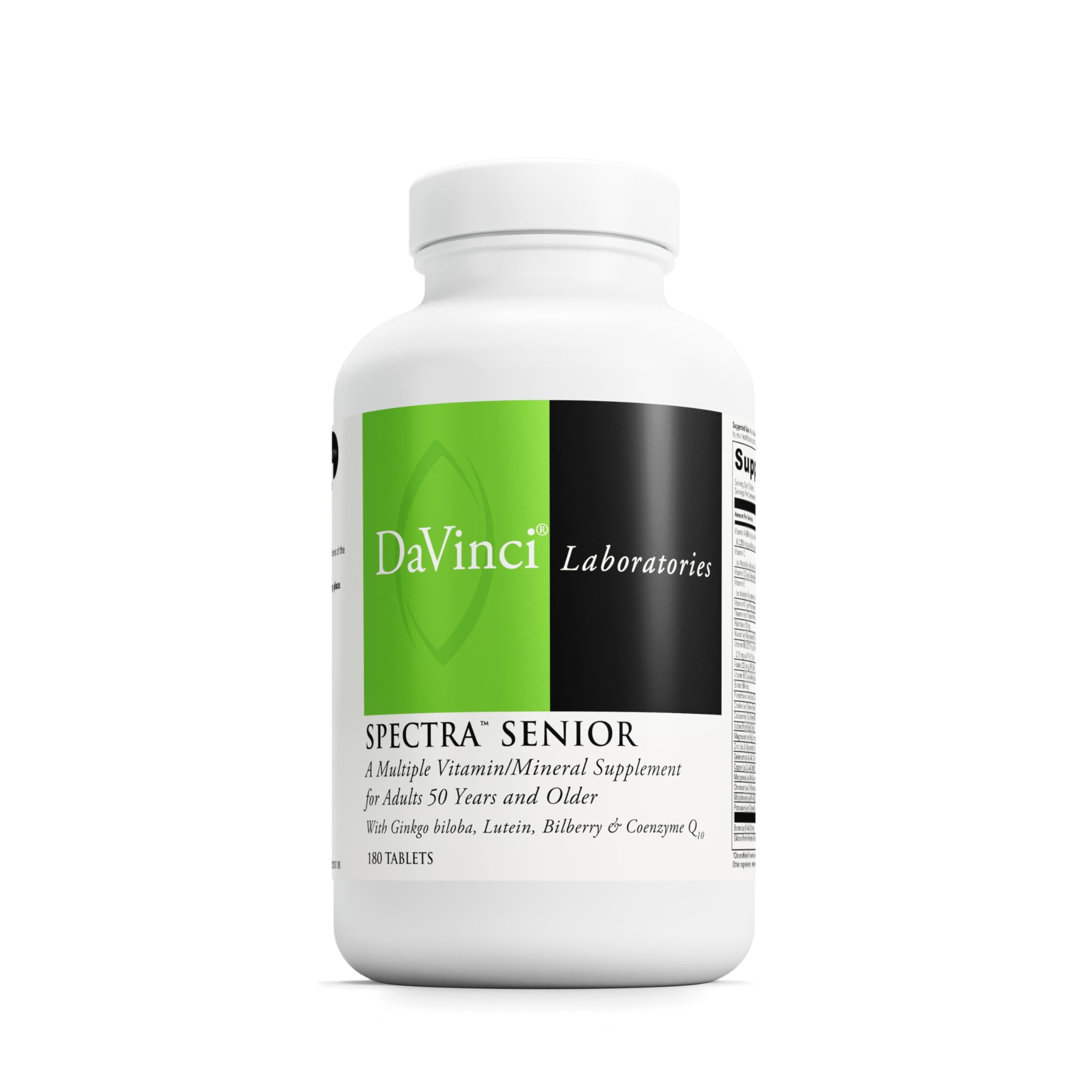 Davinci Spectra Senior bottle front label highlighting cardiovascular and eye support.
