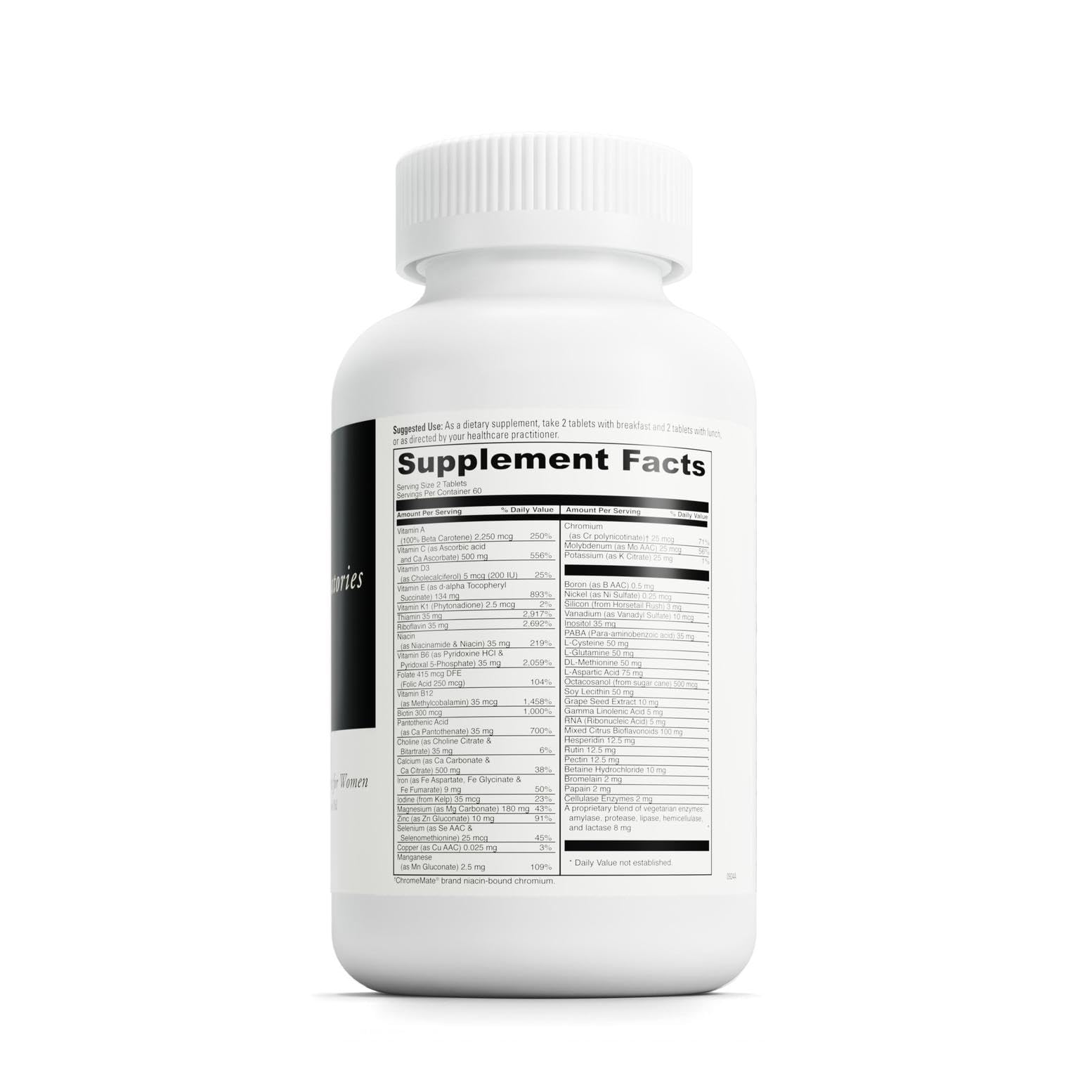 DaVinci Spectra Woman bottle closeup highlights calcium, iron, and biotin ingredients.