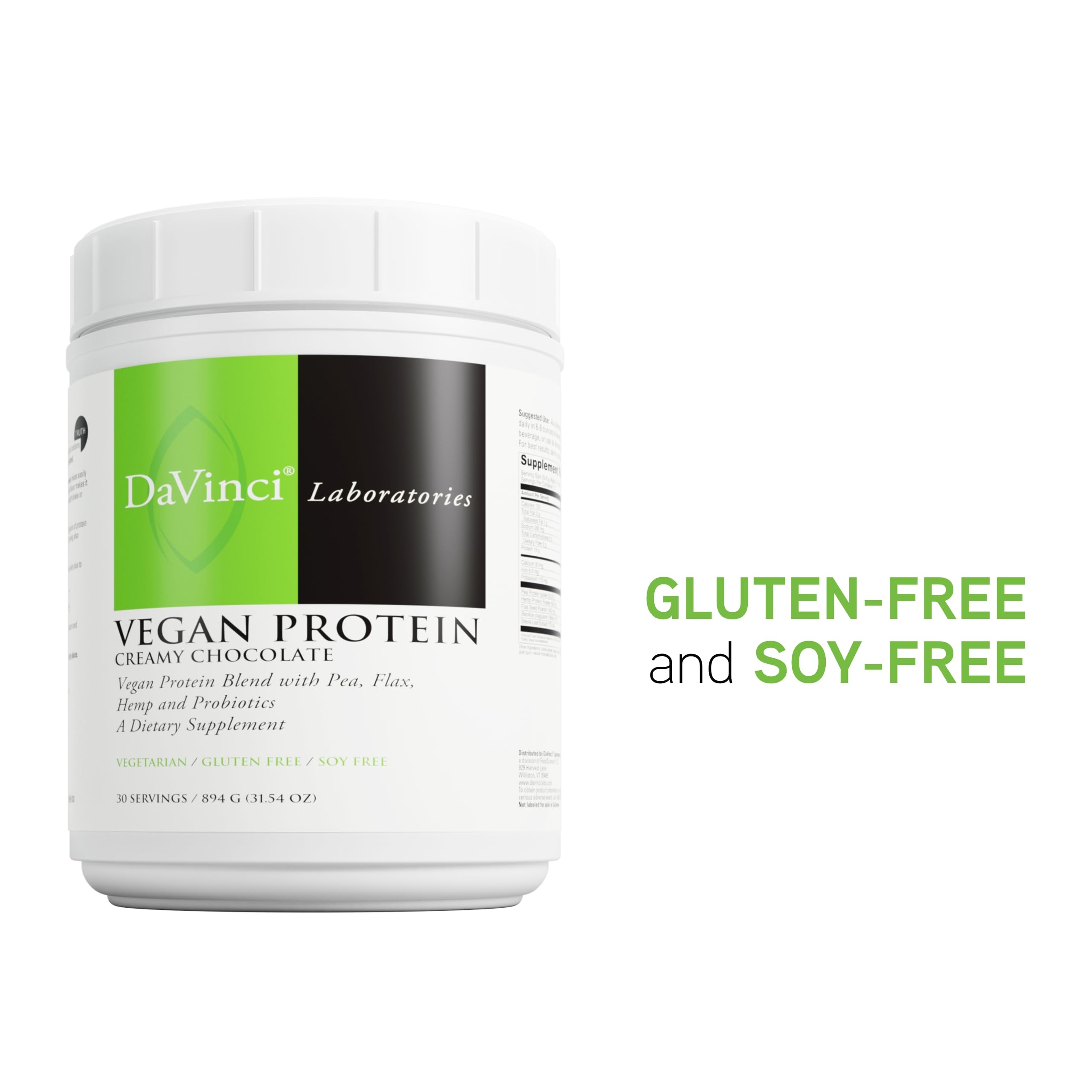 Davinci vegan protein with flax and hemp seeds highlights high fiber and essential fatty acids.