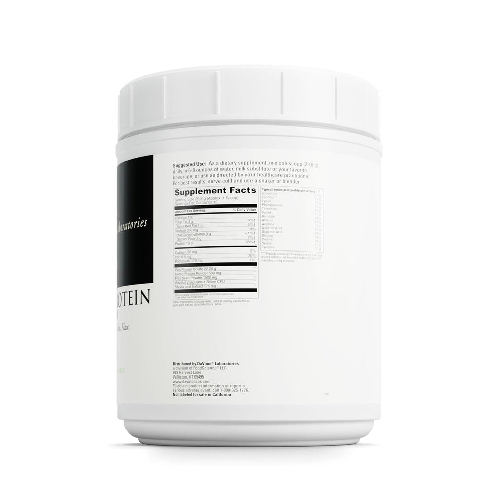 Davinci Vegan Protein powder label closeup showing flax and hemp seeds for fiber and healthy fats.