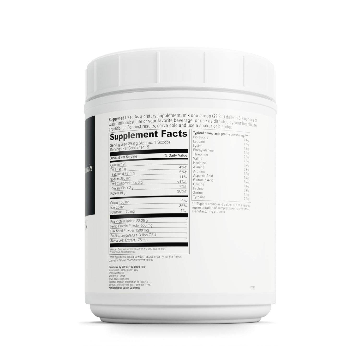 DaVinci Vegan Protein bottle with probiotics for digestive support.