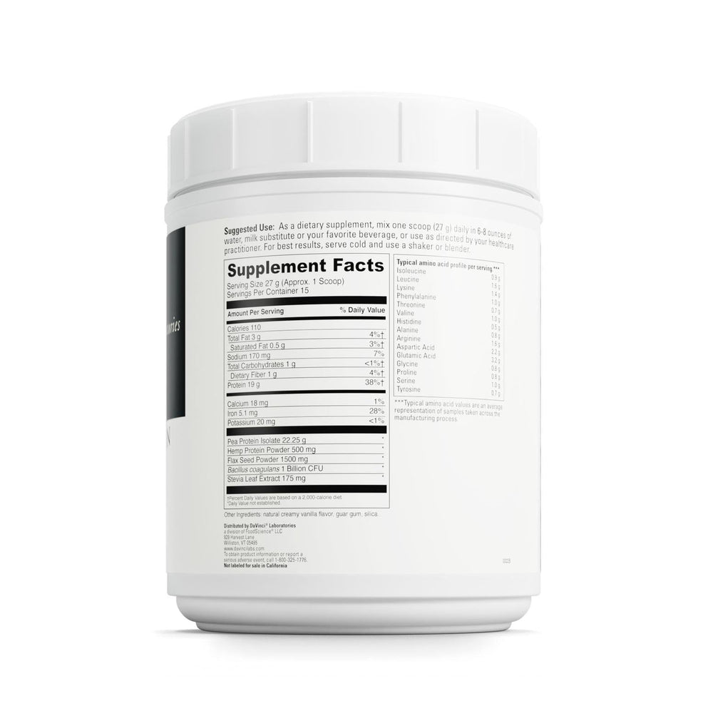 DaVinci vegan protein probiotic bottle signals gut-friendly texture and daily wellness.