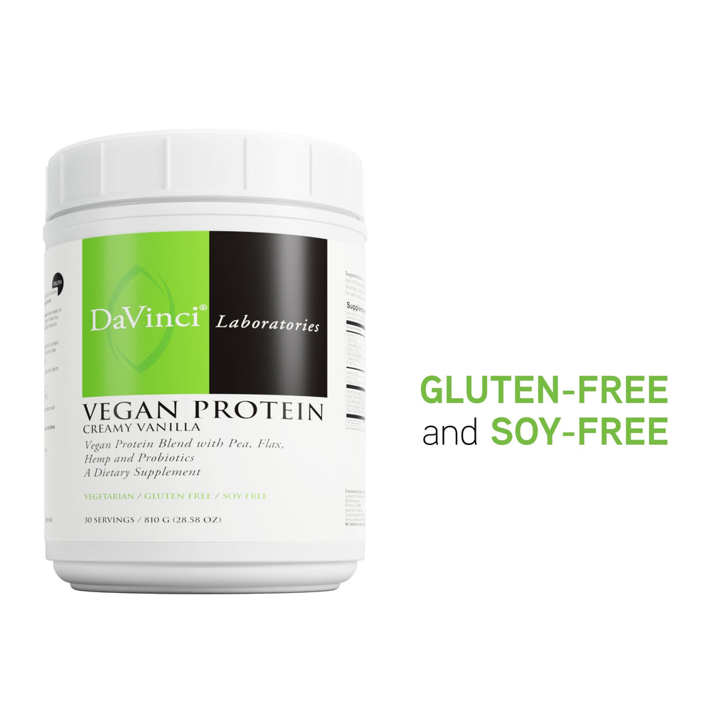 DAVINCI Vegan Protein probiotics label image signals gut-friendly digestive support.