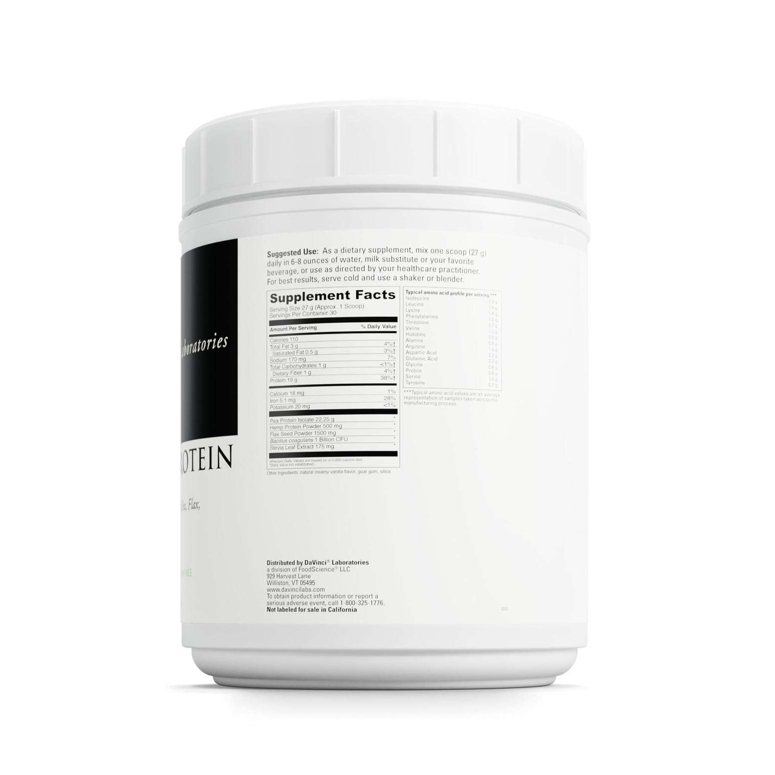 DAVINCI Vegan Protein scoop-dispensing image highlighting convenient daily protein intake.