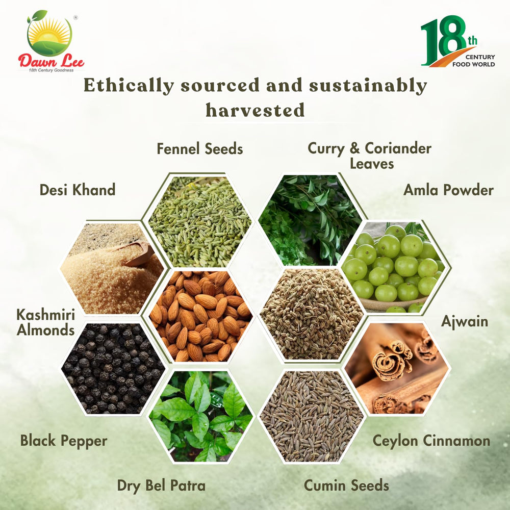 Dawn Lee label closeup emphasizes quality ingredients and Ayurvedic heritage.