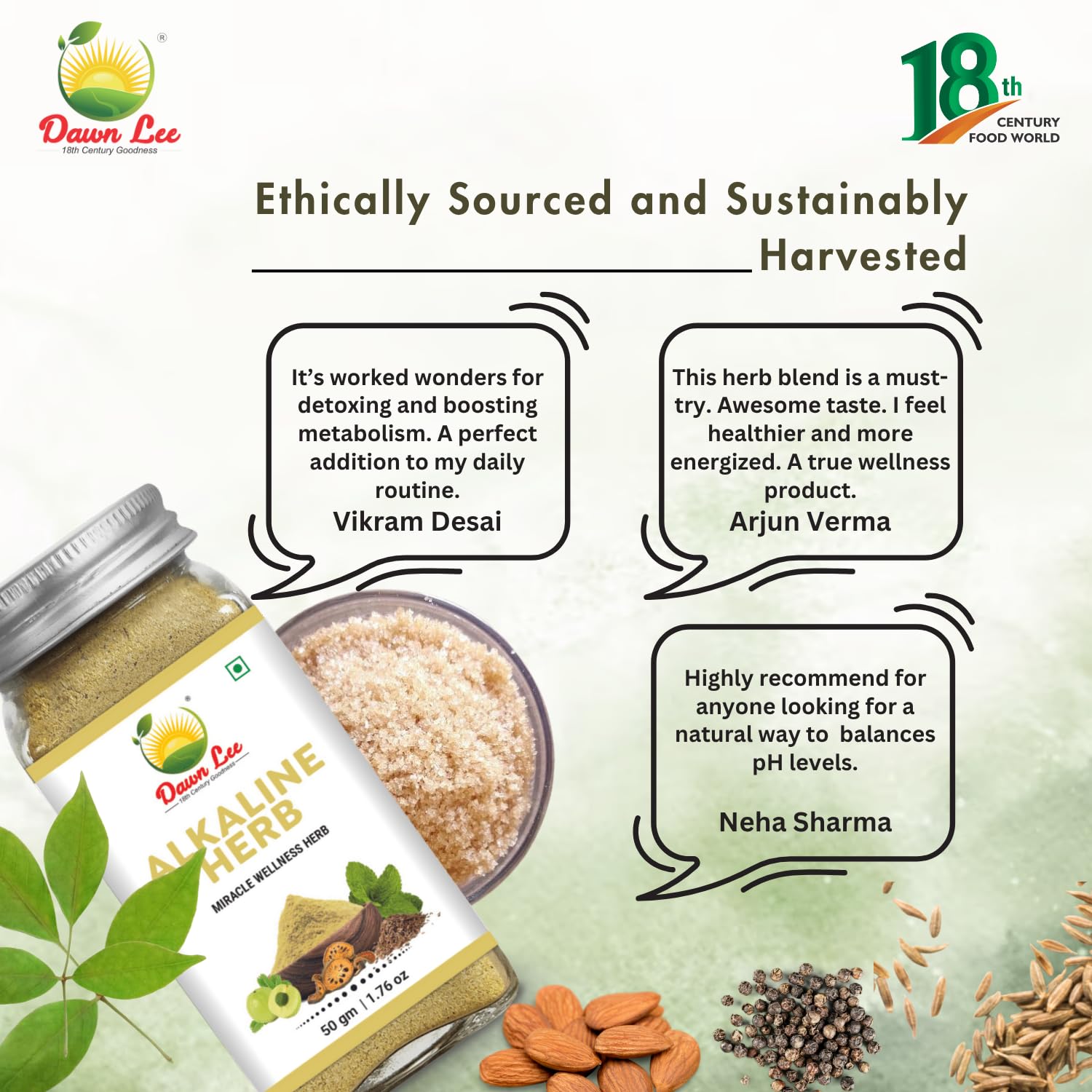 Dawn Lee organic herbs image spotlights almonds, fennel, cumin and other botanicals.