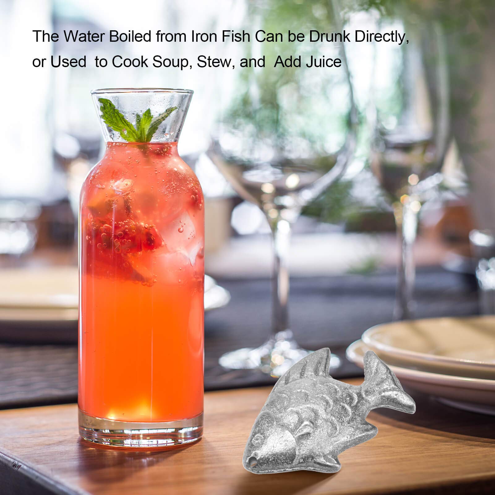 Daxiongmao Iron Fish in water demonstrates a mild iron boost for drinks.