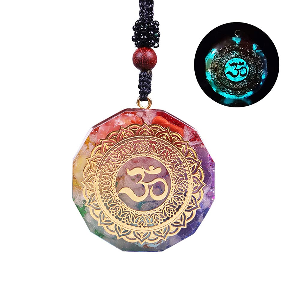 Day Day Up orgonite pendant front view with luminous Om symbol for meditation focus.