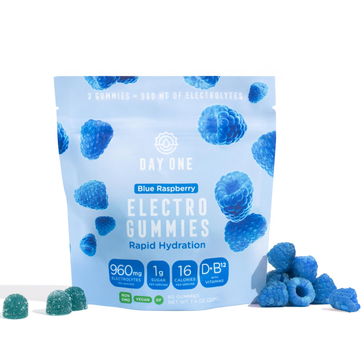 Day One Electrogummies blue raspberry bottle front for easy hydration