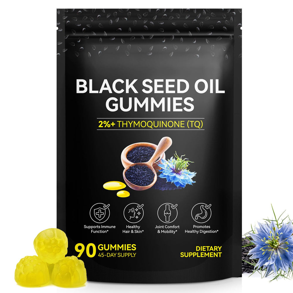 DCTTVHVD Black Seed Oil Gummies bottle shown, daily 500 mg serving for potential digestive balance.