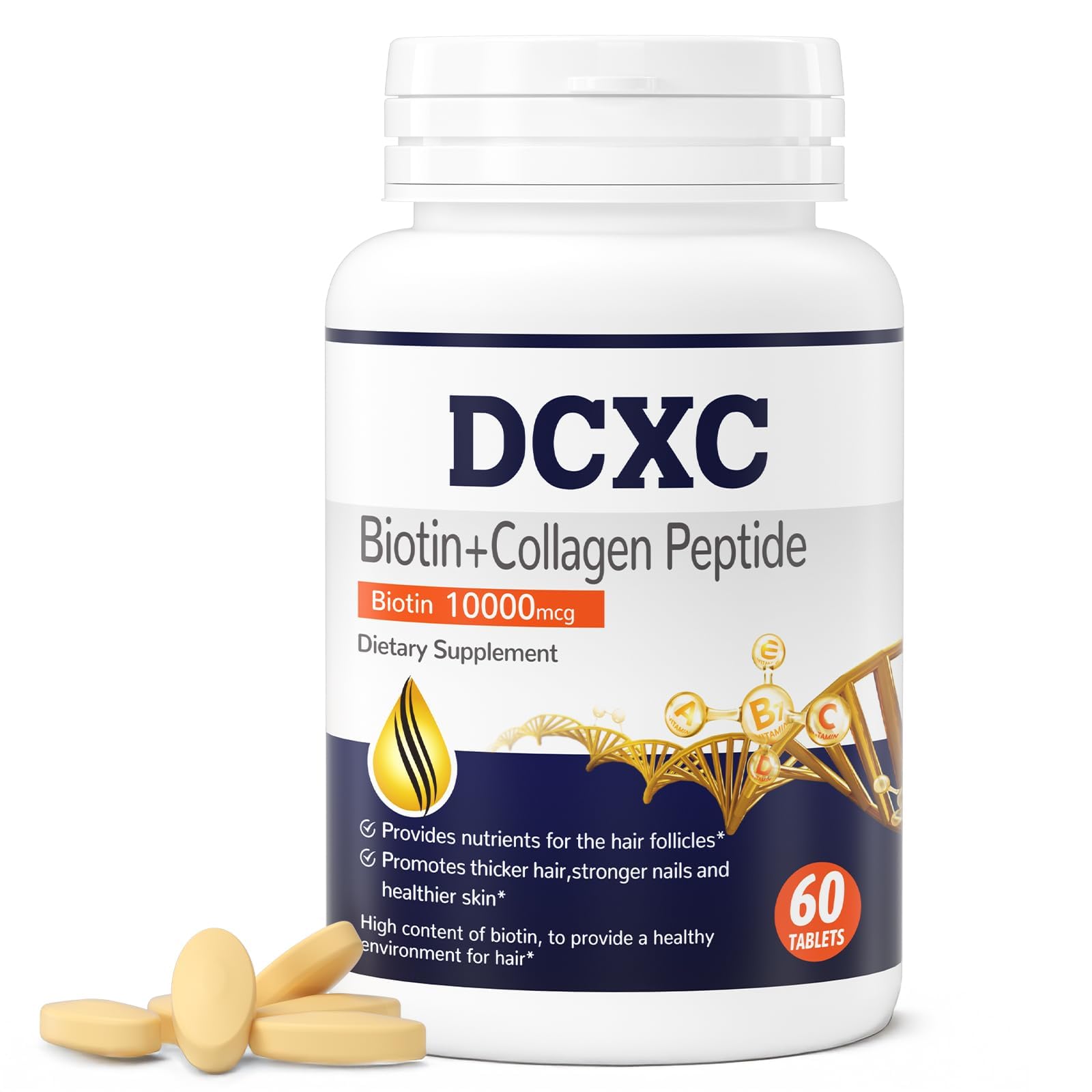DCXC Biotin Collagen bottle front with label highlighting hair, skin, and nail support.