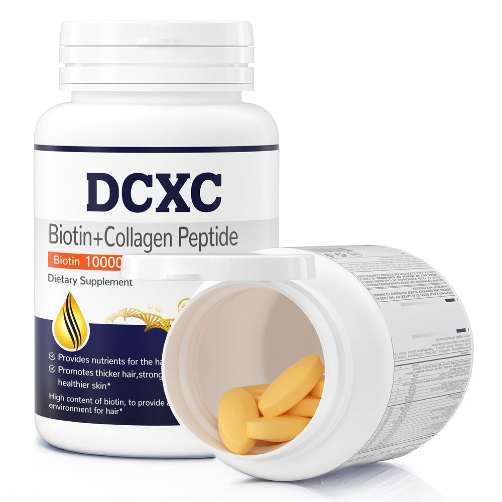 DCXC Biotin Collagen ingredients list featuring biotin and collagen peptides.