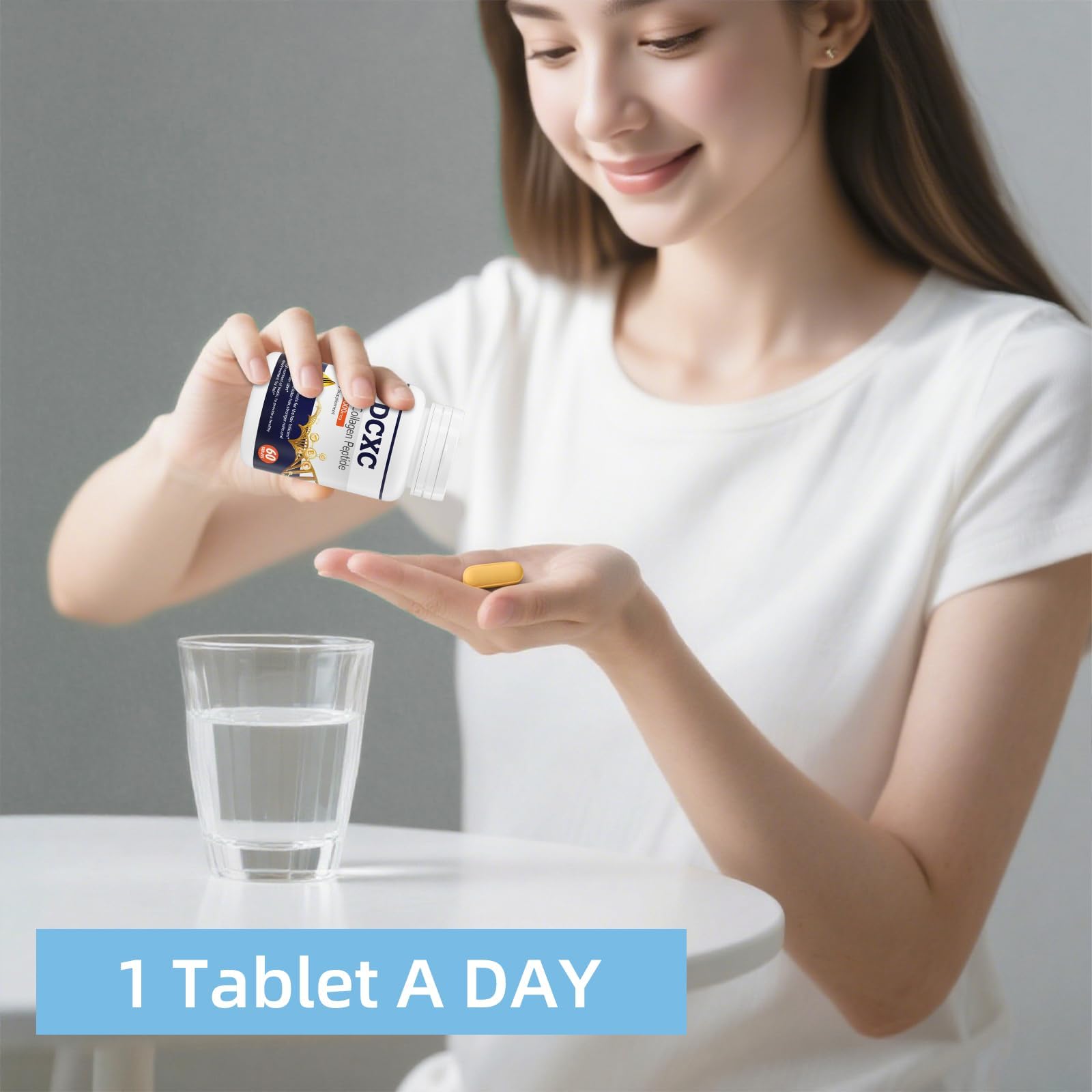 DCXC Biotin Collagen tablets in hand for portable daily intake.