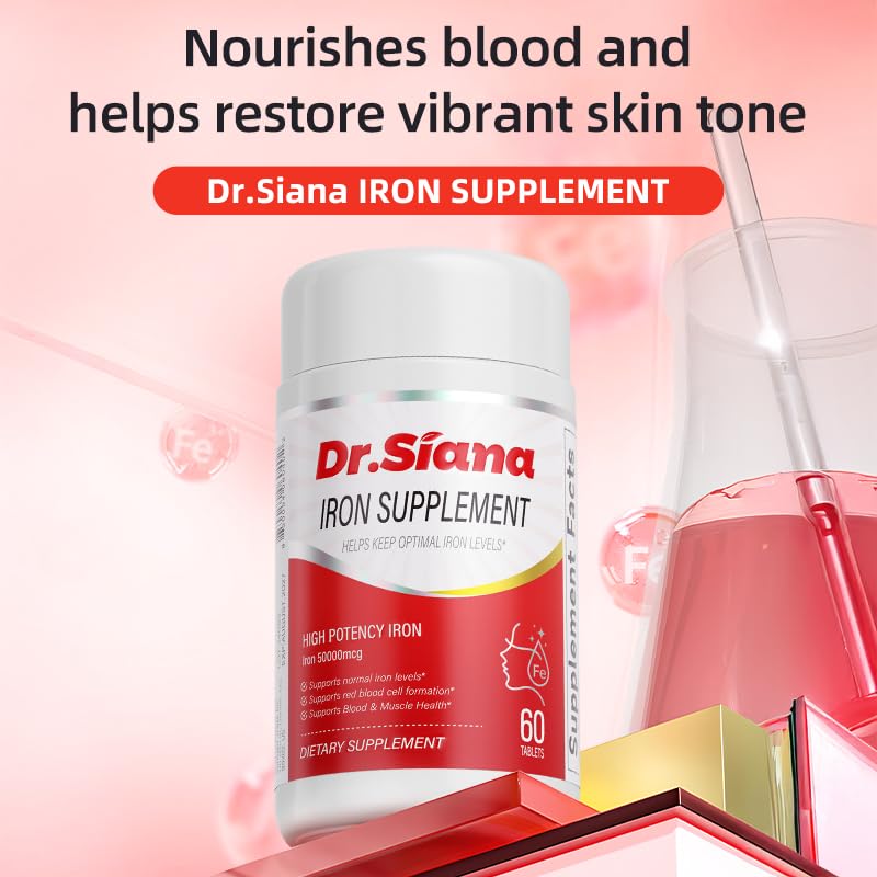 DCXC Dr.Siana Iron tablets close-up highlights amino acid chelated formula for absorption.
