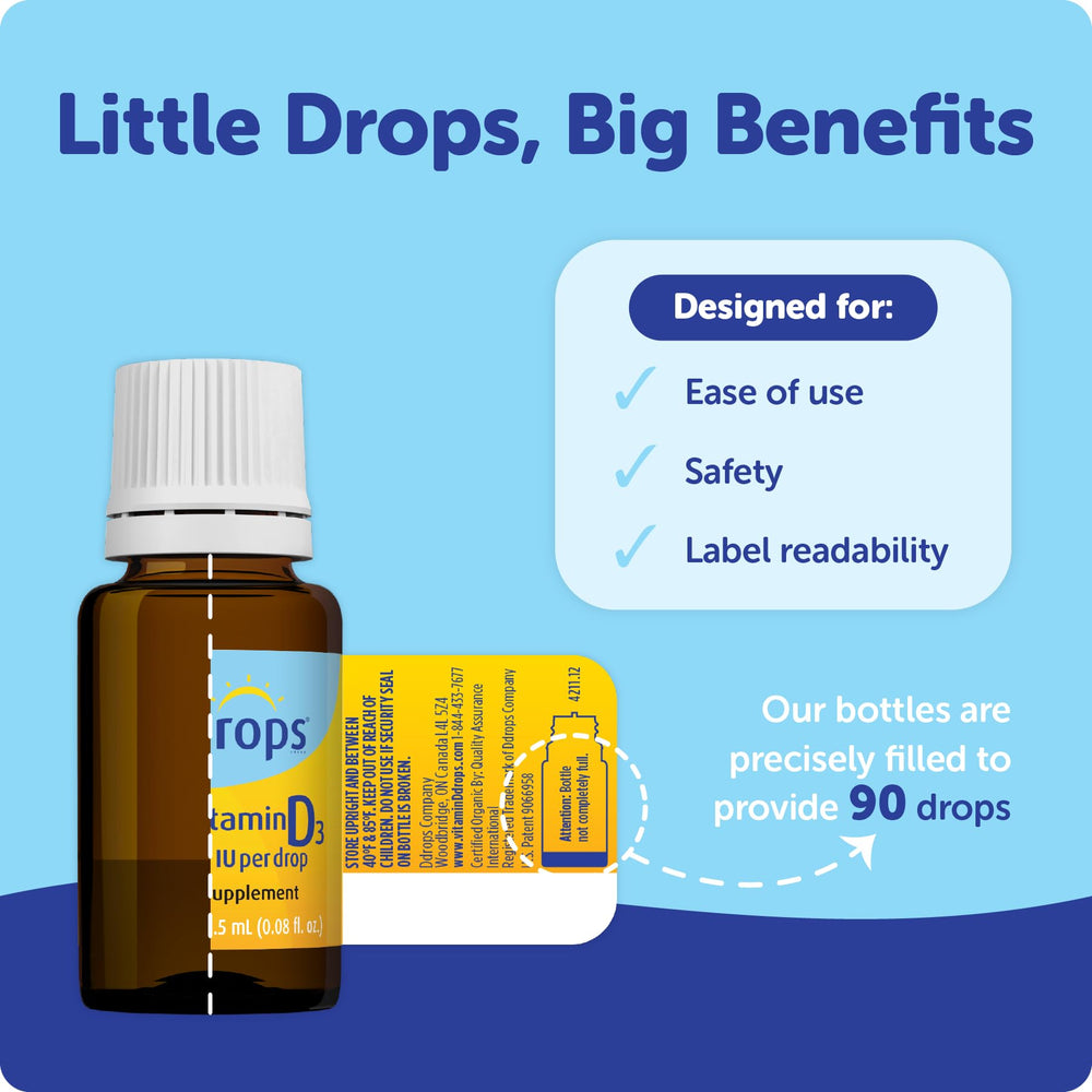 Ddrops Baby 400 IU dropper pouring for simple daily dosing