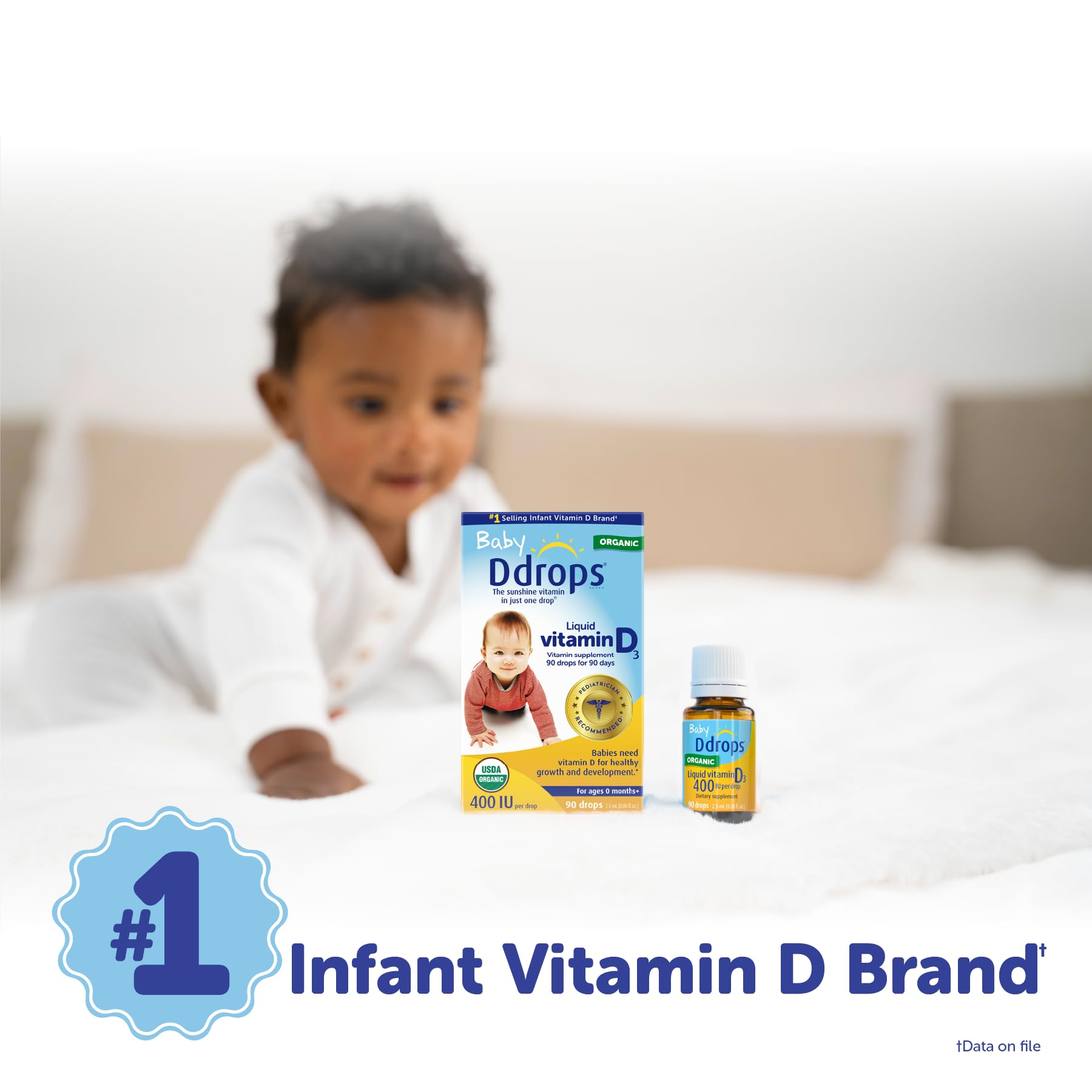 Ddrops Baby 400 IU tag with product information for shoppers