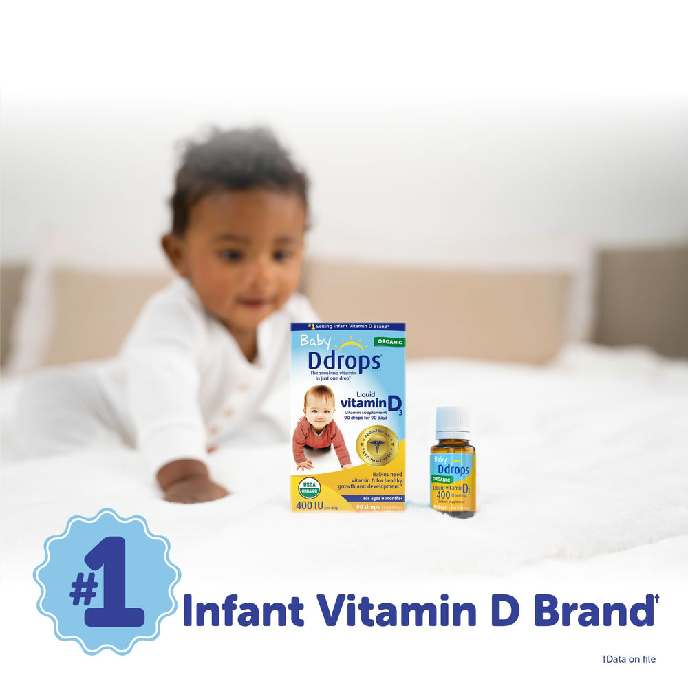 Ddrops Baby 400 IU tag with product information for shoppers