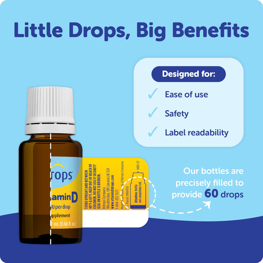 Ddrops Baby vitamin D drops dropper in use for easy dosing.